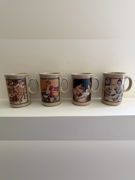 Watkins Other - Beige Ceramic Watkins Mug Set with Retro Illustration Panels - Set of 4